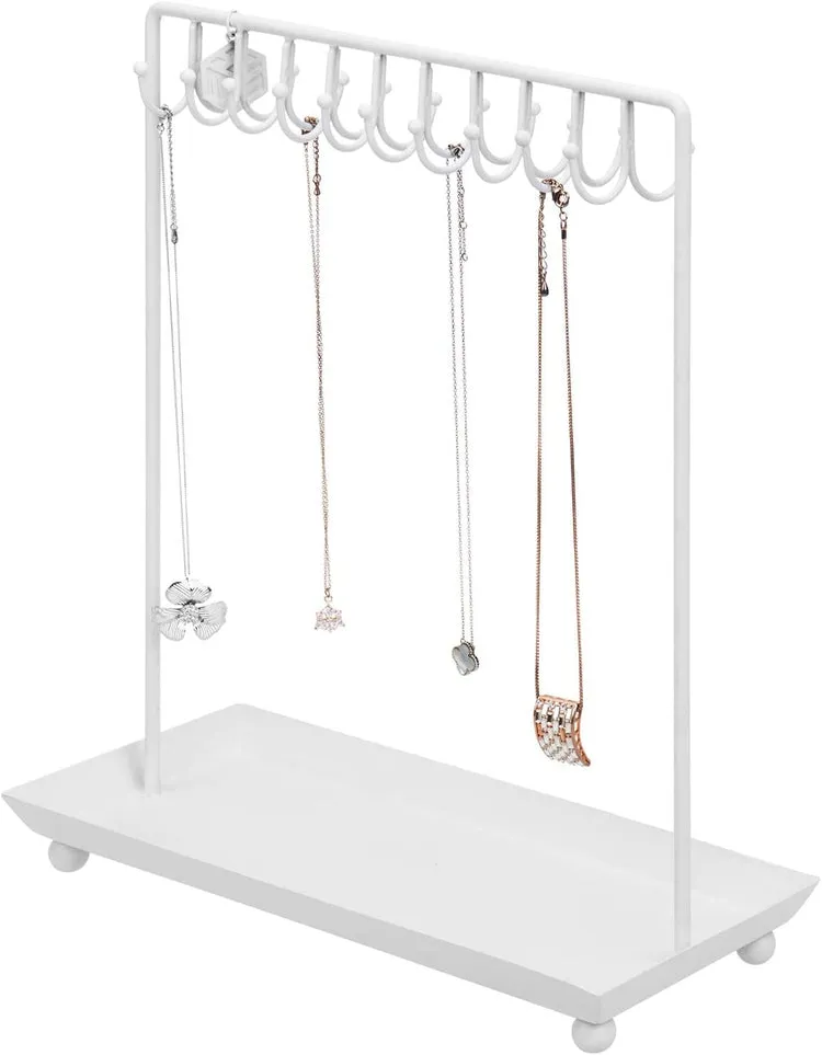 14 Inch 20-Hook White Metal Necklace Display Organizer with Ring Tray