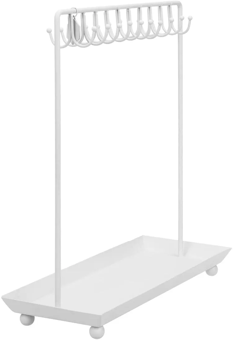 14 Inch 20-Hook White Metal Necklace Display Organizer with Ring Tray
