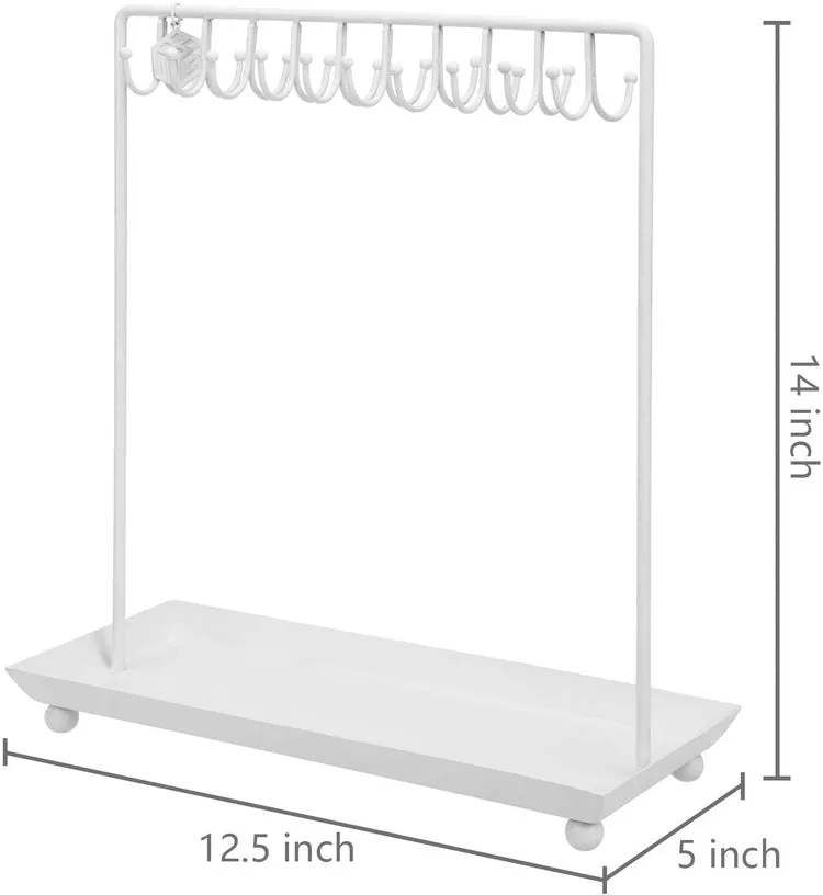 14 Inch 20-Hook White Metal Necklace Display Organizer with Ring Tray