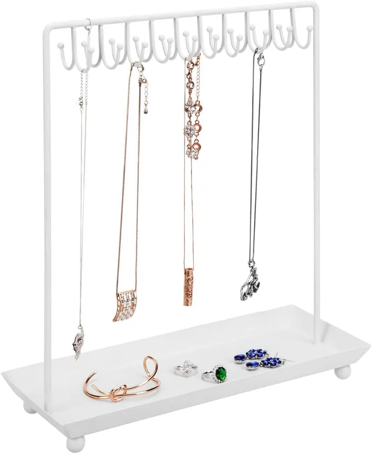 14 Inch 20-Hook White Metal Necklace Display Organizer with Ring Tray