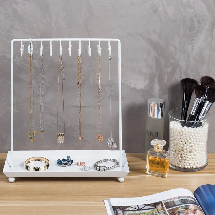 14 Inch 20-Hook White Metal Necklace Display Organizer with Ring Tray