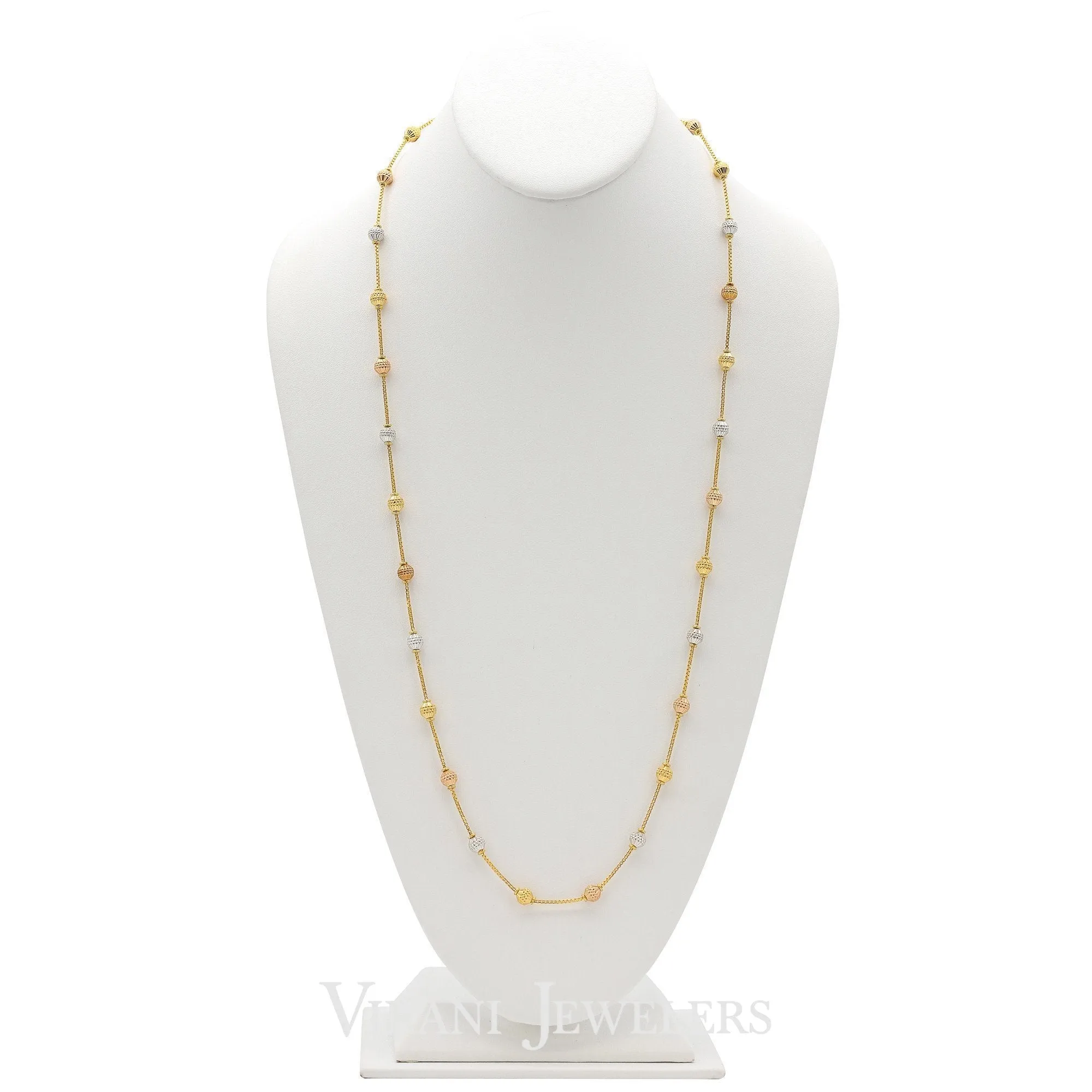 22K Yellow Gold Chain Necklace W/ Tri Tone Gold Ball Accents