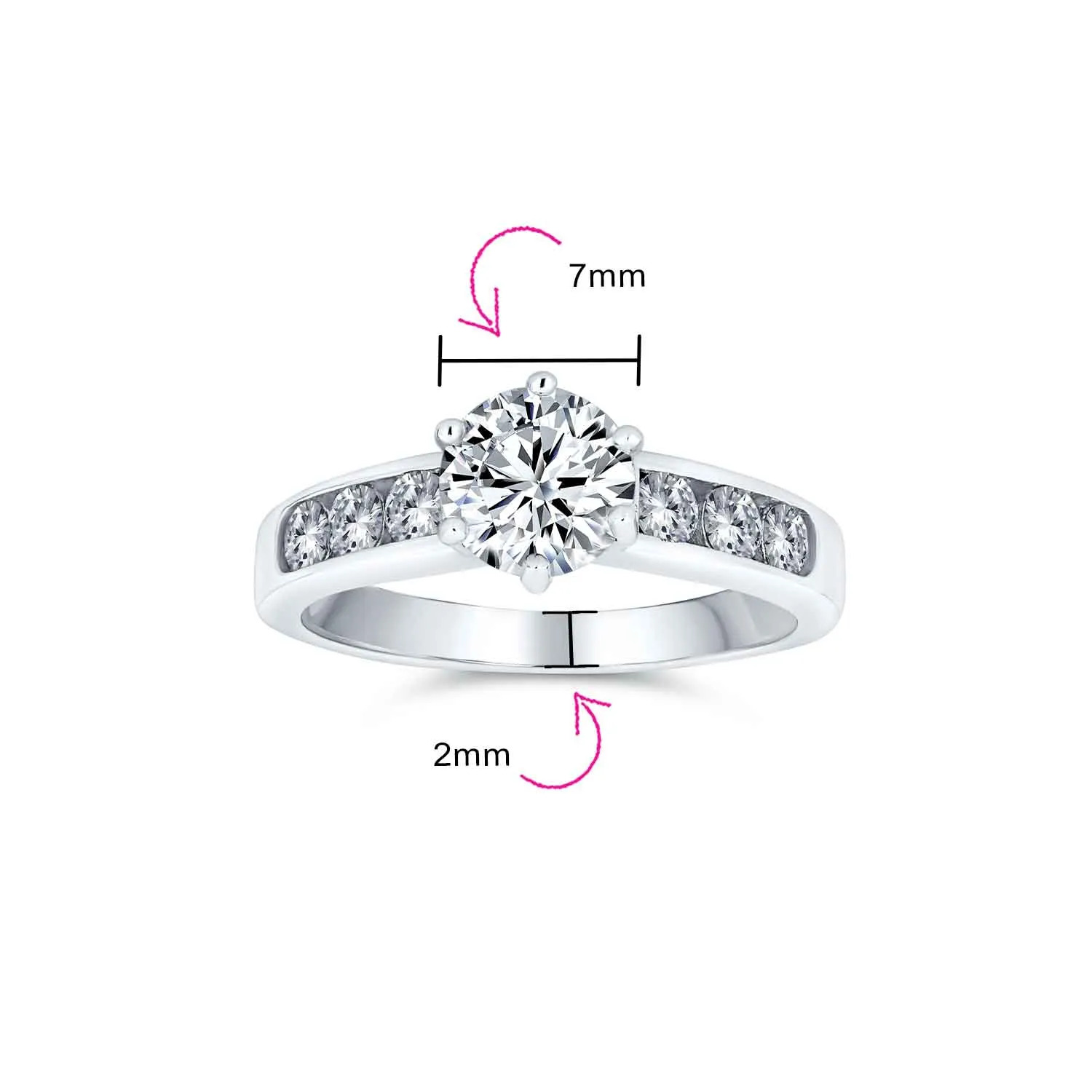 2CT AAA CZ Round Solitaire Engagement Ring with CZ Side Stones in Sterling Silver