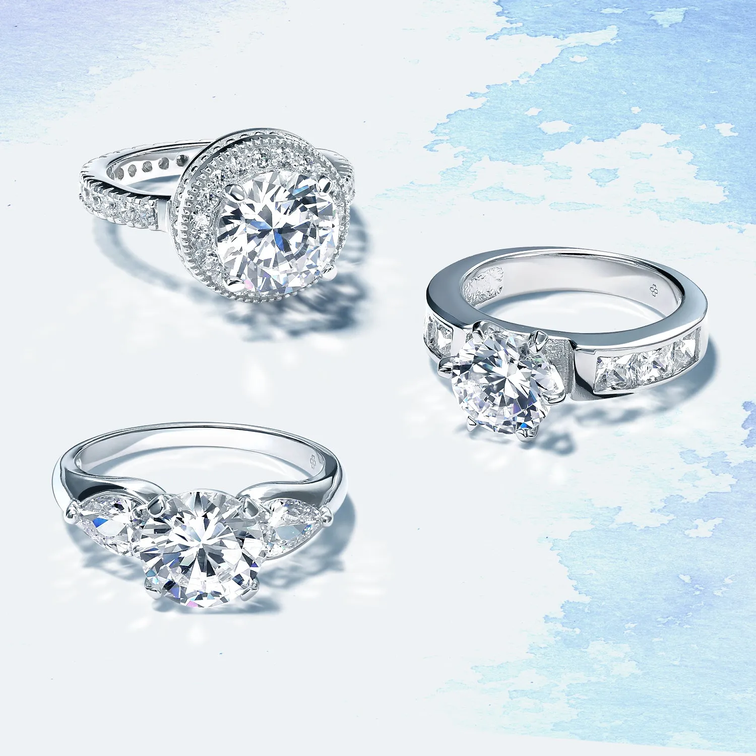 2CT AAA CZ Round Solitaire Engagement Ring with CZ Side Stones in Sterling Silver