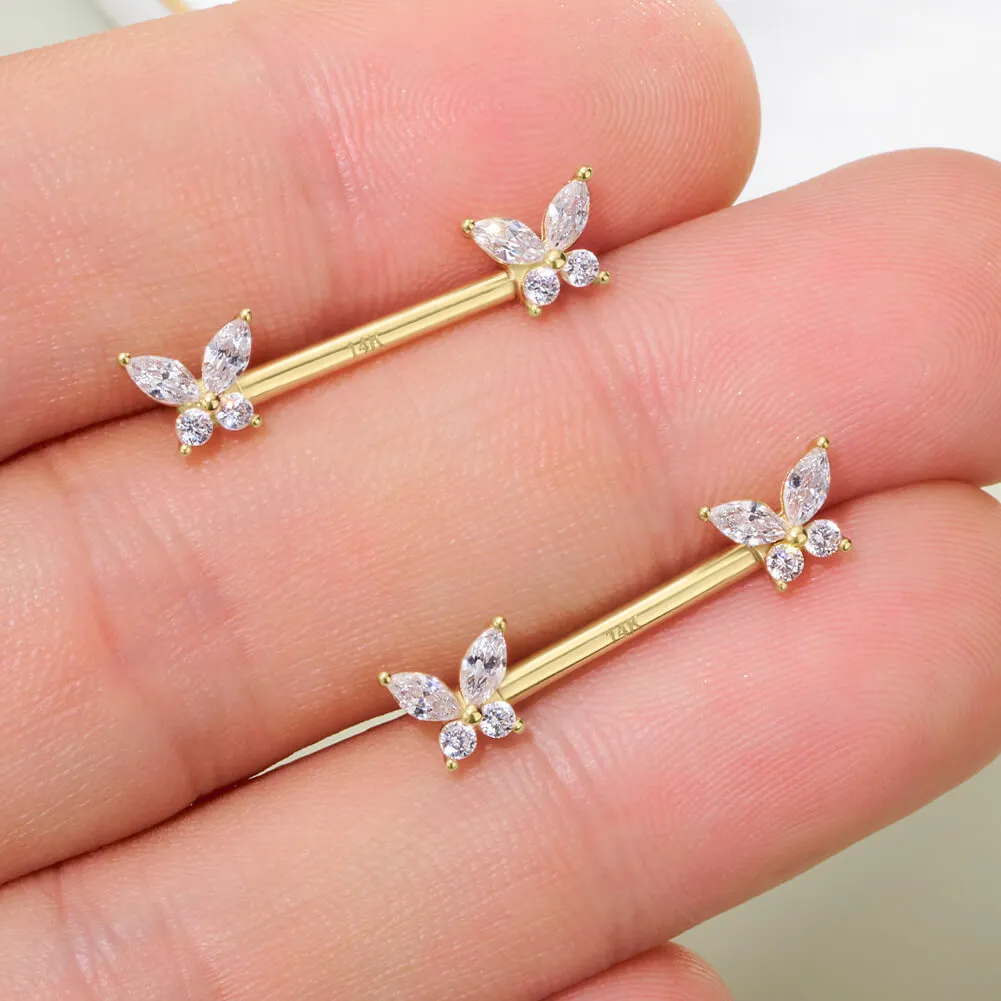 2Pcs 14K Solid Gold Butterfly Nipple Barbell Set