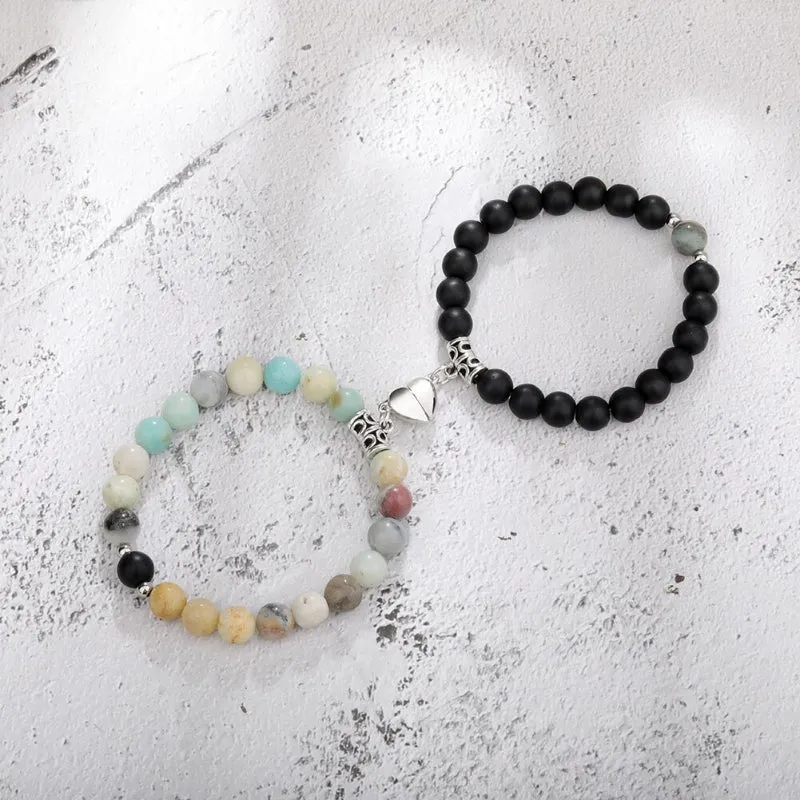 2Pcs Romantic Couple and Friendship Matching Heart Beaded Bracelets Set