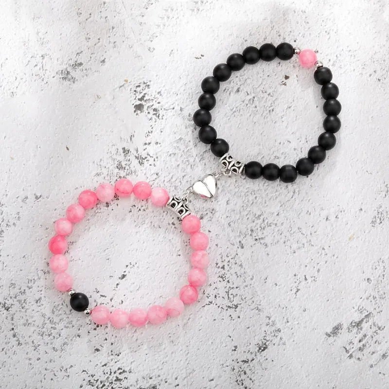 2Pcs Romantic Couple and Friendship Matching Heart Beaded Bracelets Set