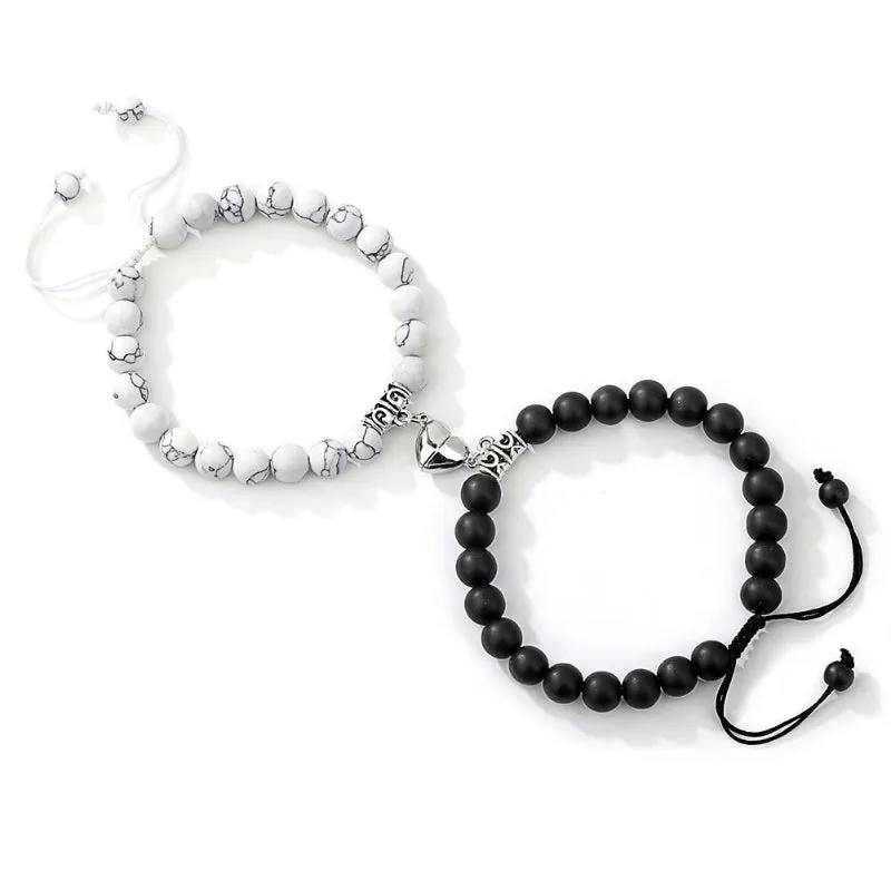 2Pcs Romantic Couple and Friendship Matching Heart Beaded Bracelets Set