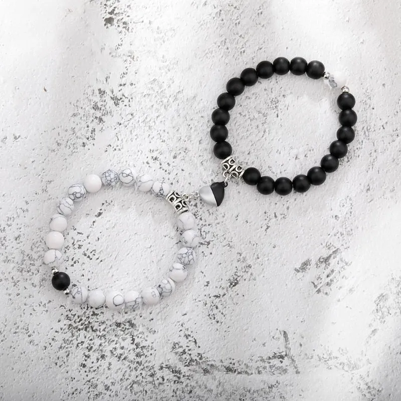2Pcs Romantic Couple and Friendship Matching Heart Beaded Bracelets Set