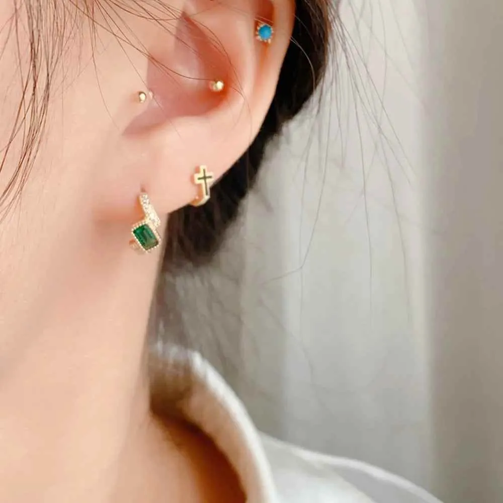 925 Sterling Silver Hoop Earrings Charm Jewelry - Square Emerald Zircon - Xm351