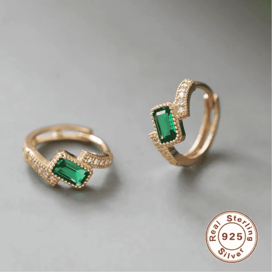 925 Sterling Silver Hoop Earrings Charm Jewelry - Square Emerald Zircon - Xm351