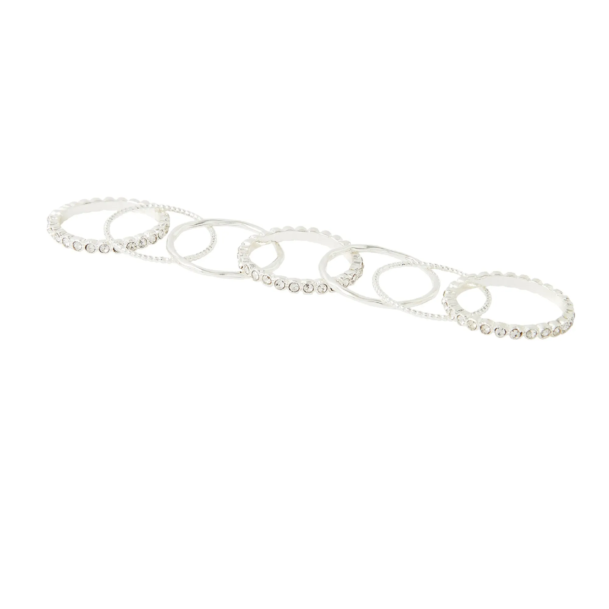 Accessorize London Women's Silver set of 7 Pave Organic Stacking Rings-Small