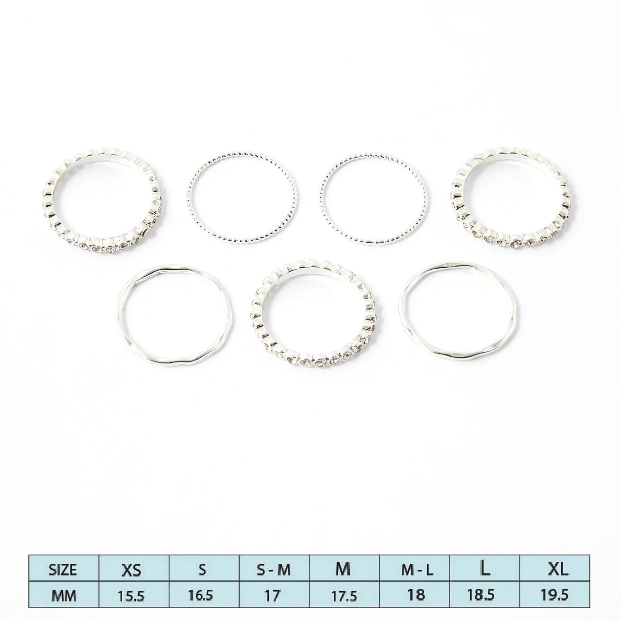 Accessorize London Women's Silver set of 7 Pave Organic Stacking Rings-Small