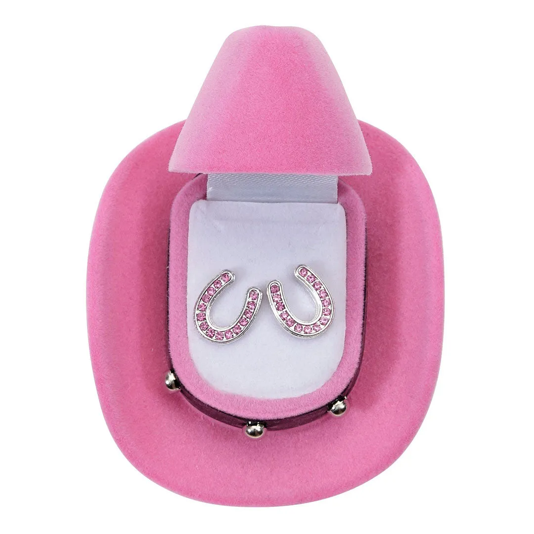 AWST Int'l Horseshoes Earrings w/Colorful Cowboy Hat Box