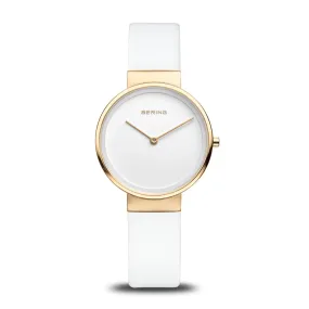 Bering Ladies Gold Plated White Dial & Leather Strap Watch