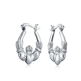 BFF Love Heart Celtic Claddagh Hoop Huggie Earrings Sterling Silver .75 Inch Diameter