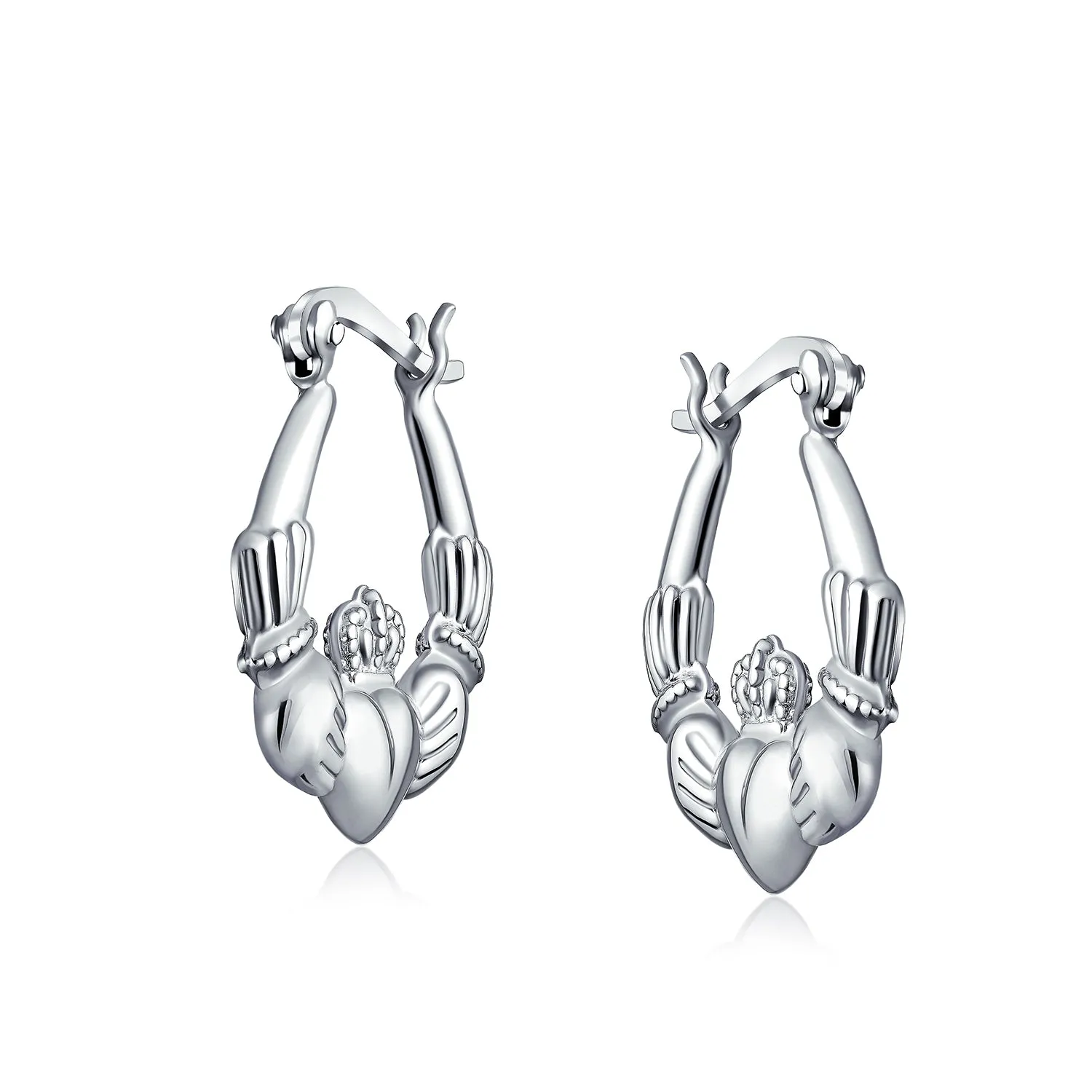 BFF Love Heart Celtic Claddagh Hoop Huggie Earrings Sterling Silver .75 Inch Diameter