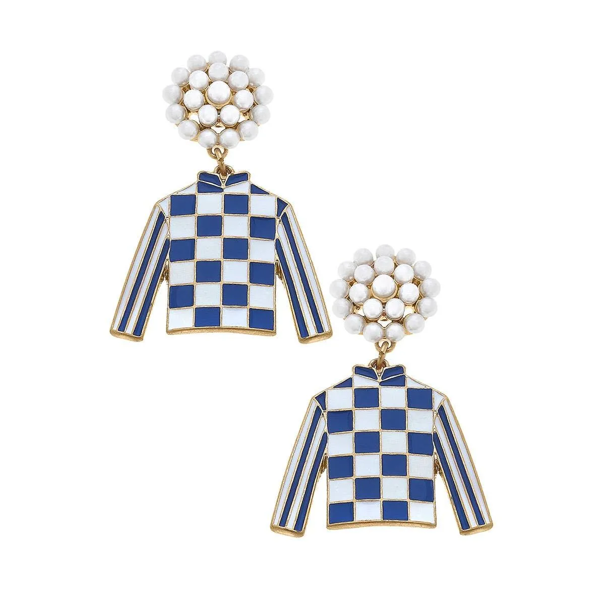 Canvas Style - Blue Jockey Silk Enamel Drop Earrings in Blue & White
