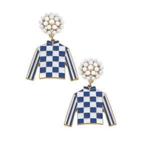Canvas Style - Blue Jockey Silk Enamel Drop Earrings in Blue & White