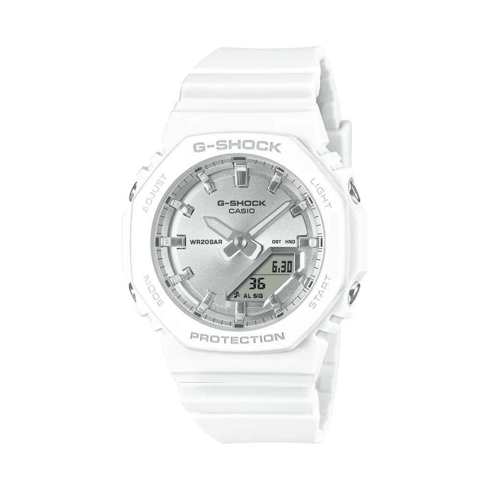 Casio G Shock Mid Duo Island Vaca S/Watch Alarm 200MSilver Face White Resin Band GMAP2100VA-7A