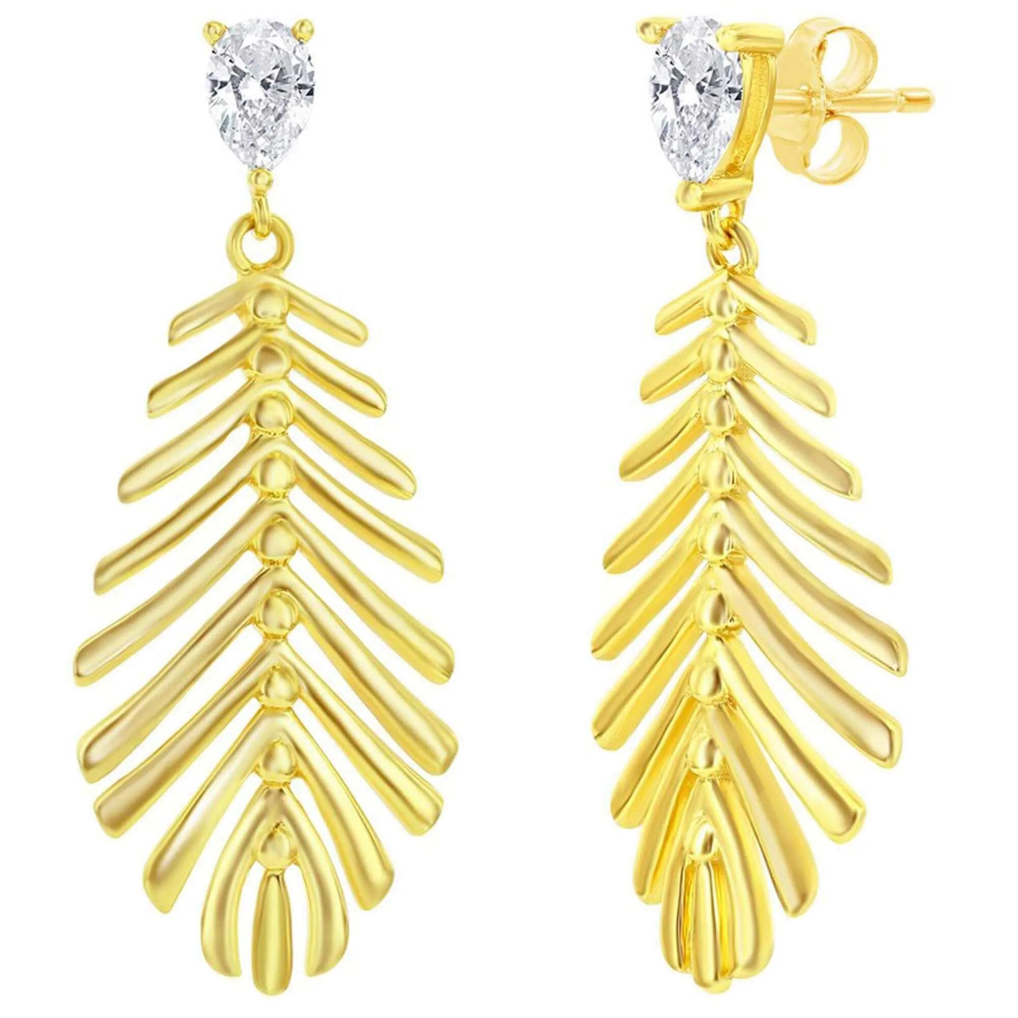 Classic Women's Earrings - Cut-Out Leaf with Small Pear-Shaped CZ Dangle | D-8408-GP