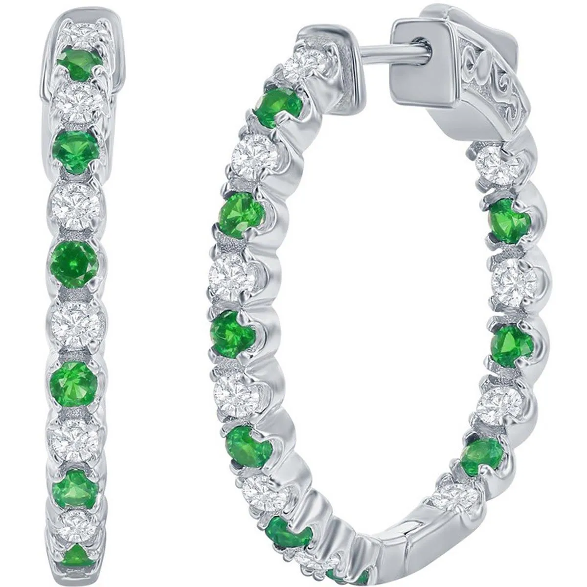 Classic Women's Earrings - Silver 3x25mm Created Emerald and White Sapphire | D-7960