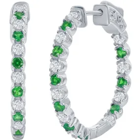 Classic Women's Earrings - Silver 3x25mm Created Emerald and White Sapphire | D-7960