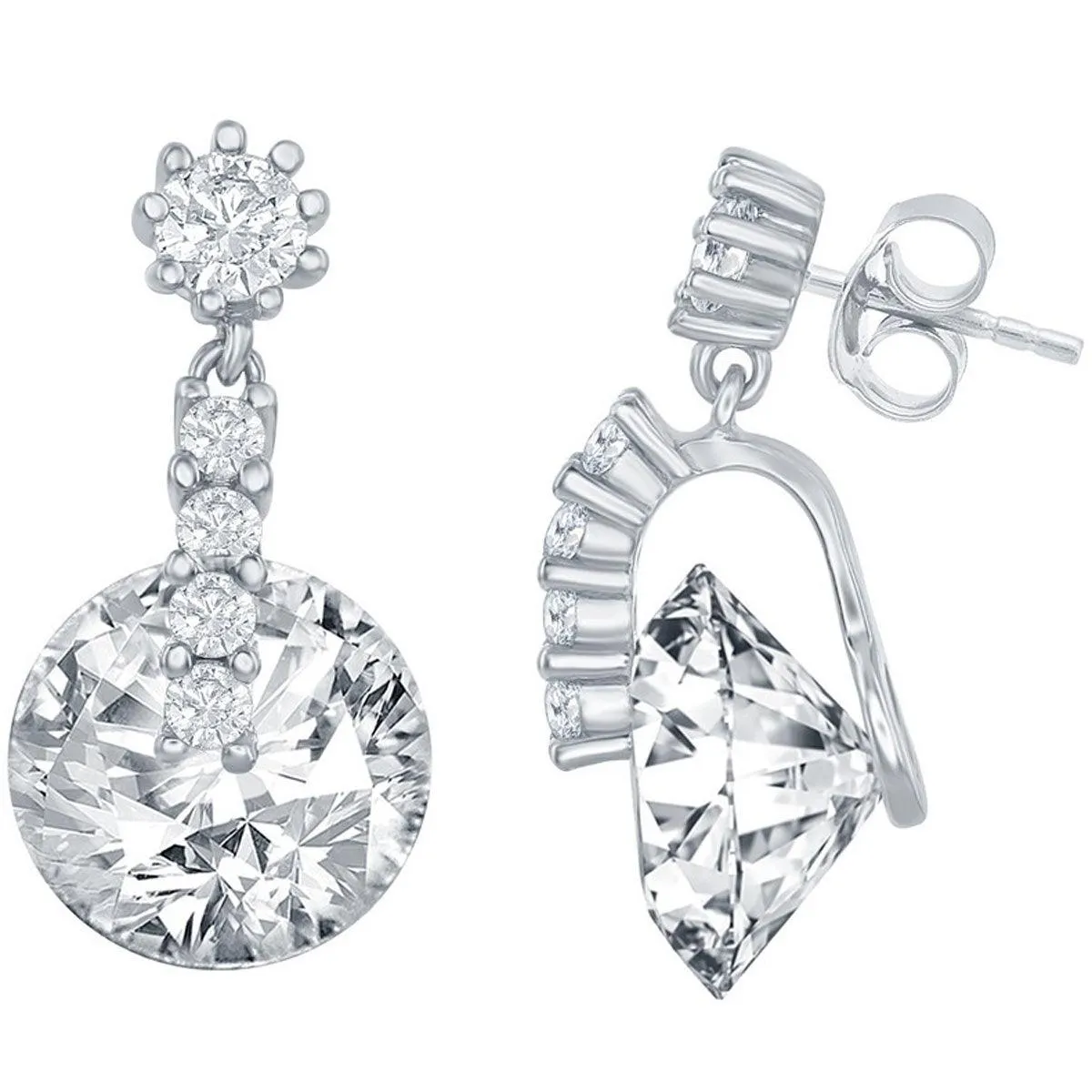Classic Women's Earrings - Silver Round Shape Spinning CZ Post Back Closure | D-7628
