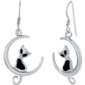 Classic Women's Earrings - Sterling Silver Created Black Onyx Cat on Moon | D-8031