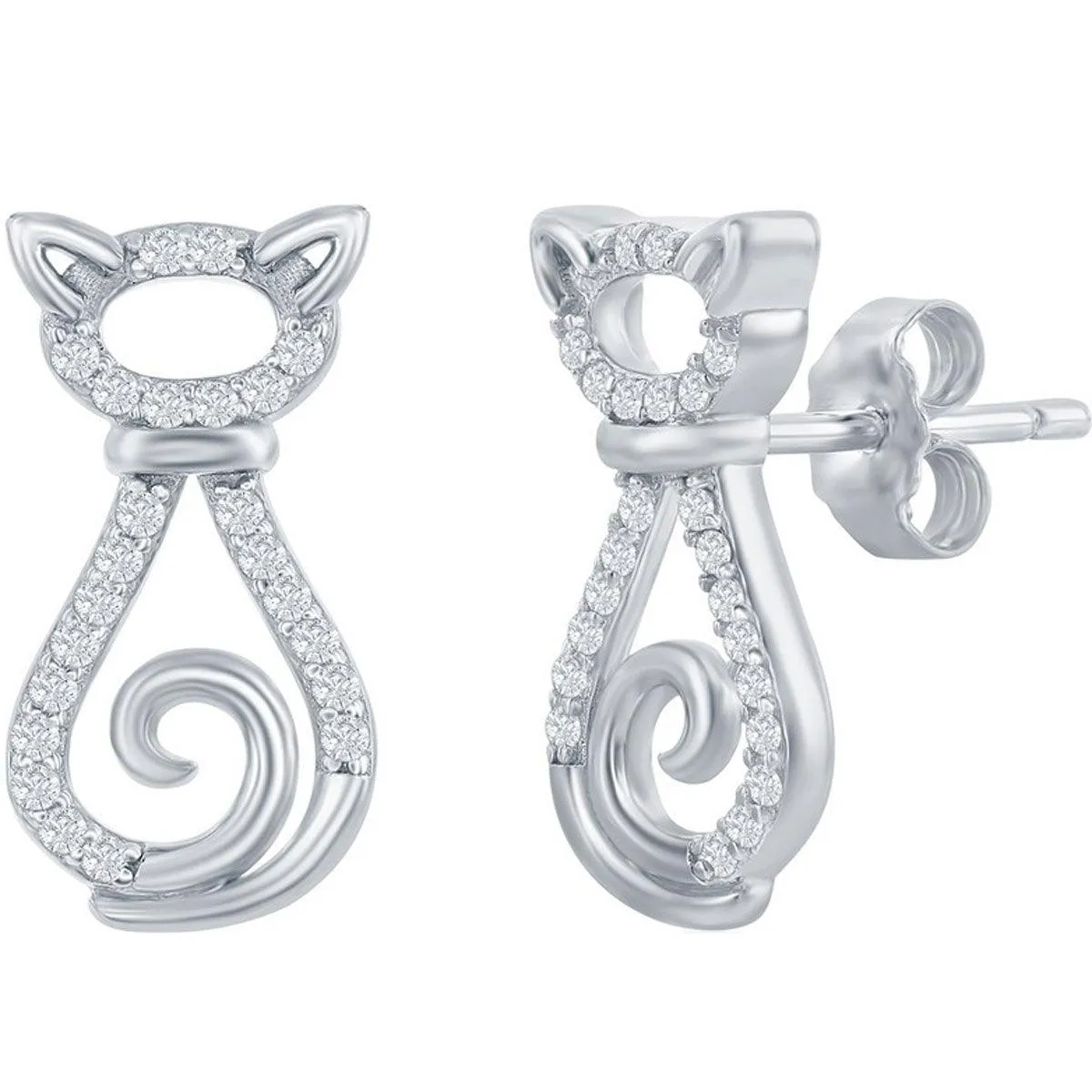 Classic Women's Earrings - Sterling Silver CZ Cat Stud Post Back Closure | D-7929