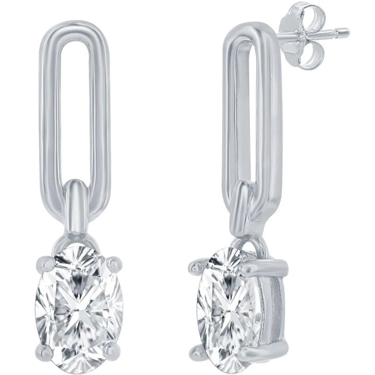 Classic Women's Earrings - Sterling Silver Paperclip Oval White CZ Post Back | D-8257