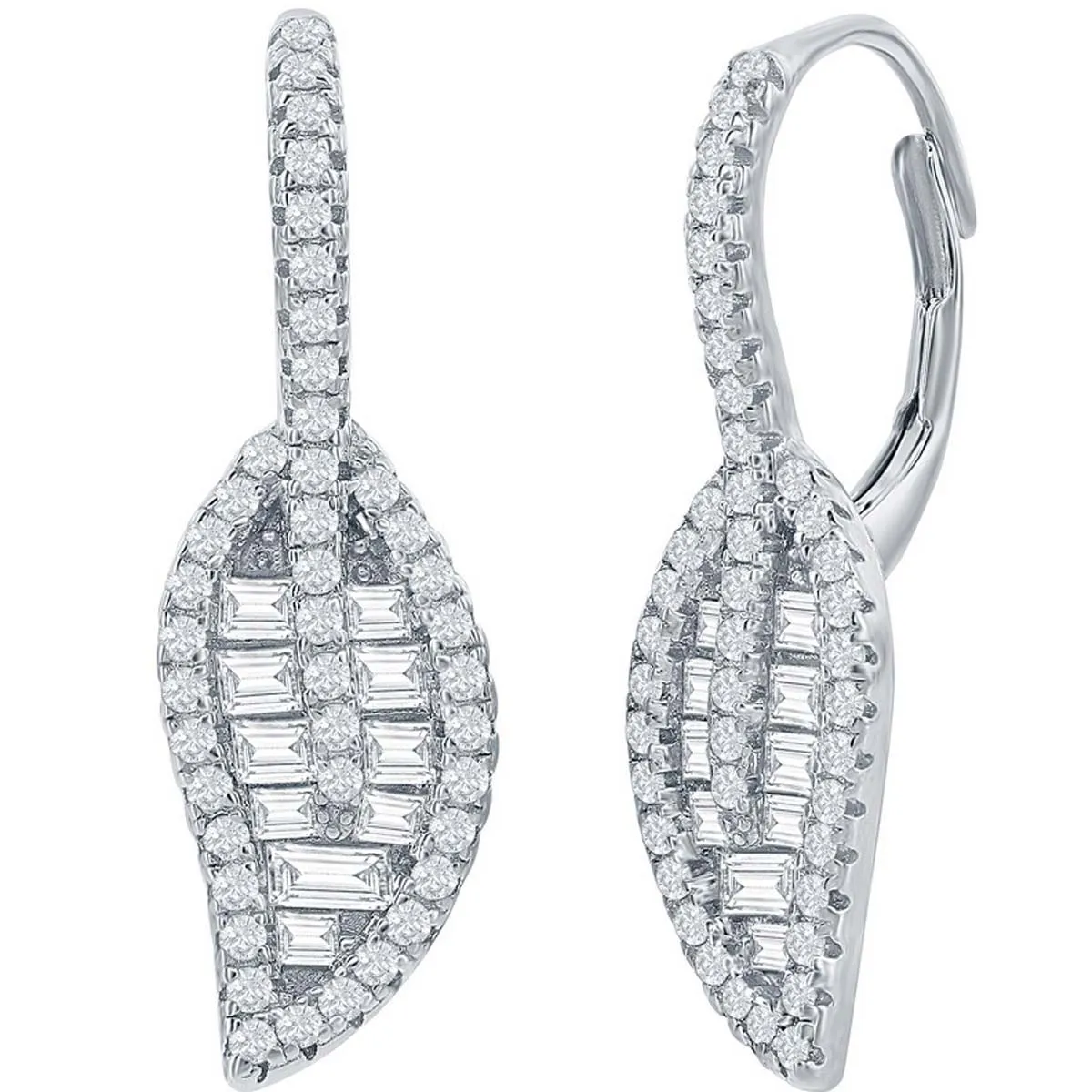 Classic Women's Earrings - Sterling Silver Round and Baguette White CZ Leaf | D-7991
