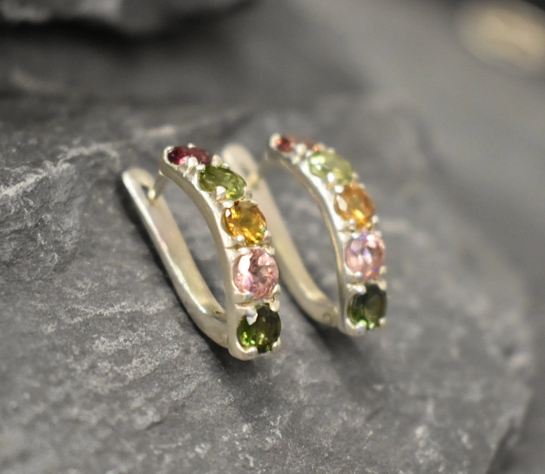 Colorful Bar Earrings - Natural Tourmaline Earrings, October Birthstone Earrings