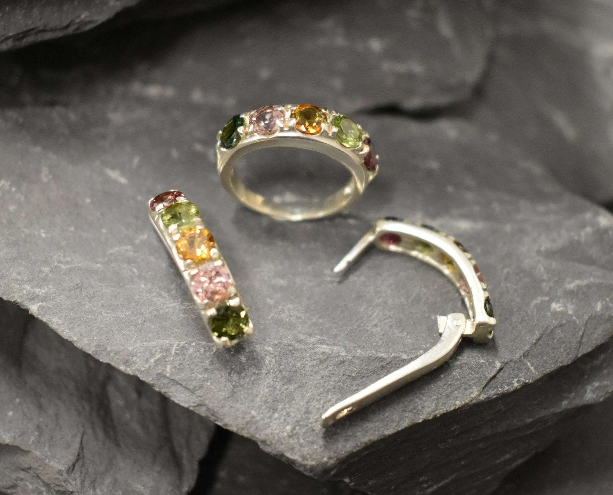 Colorful Bar Earrings - Natural Tourmaline Earrings, October Birthstone Earrings
