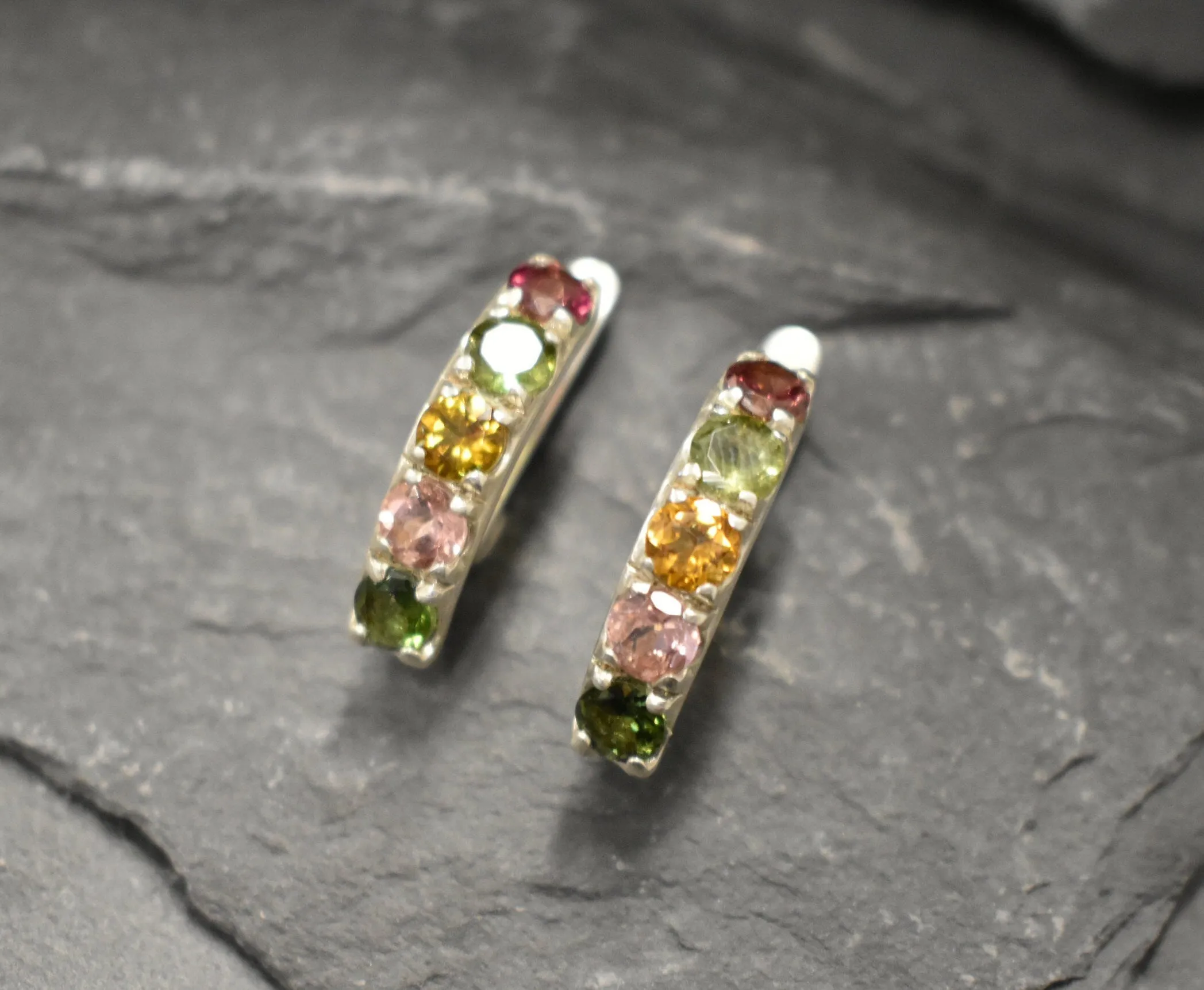 Colorful Bar Earrings - Natural Tourmaline Earrings, October Birthstone Earrings