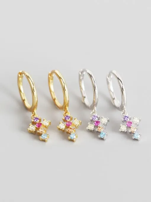 Colorful Cross 18k Gold Plated .925 Sterling Silver Small Huggie Hoop Earrings