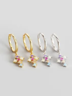 Colorful Cross 18k Gold Plated .925 Sterling Silver Small Huggie Hoop Earrings