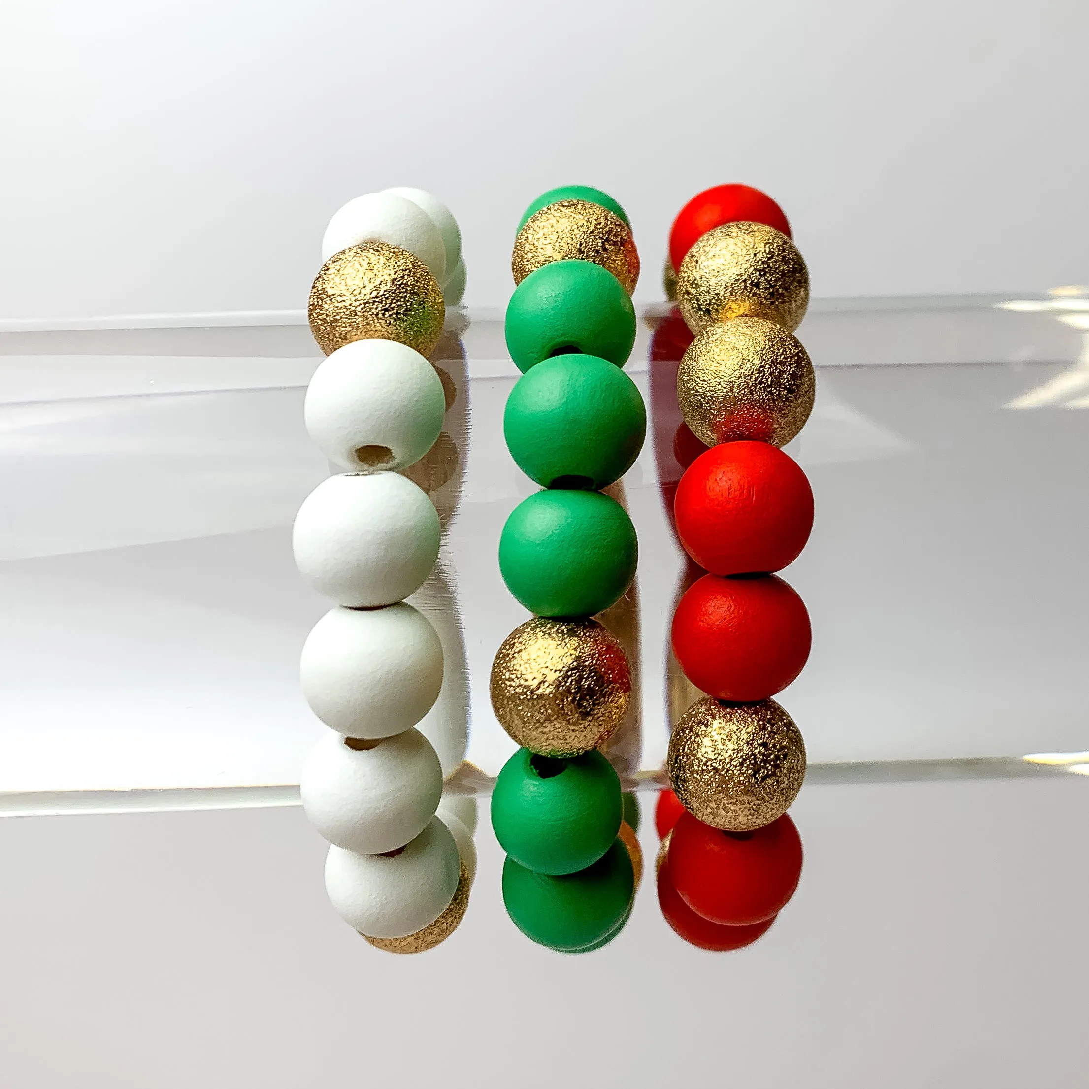 Coming To Town Set of 3 Stretchy Beaded Bracelets in Green, Red, and White
