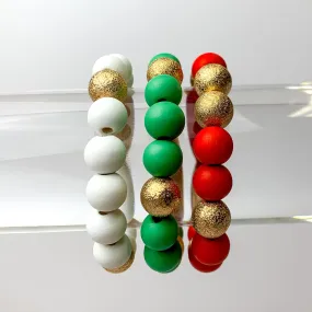 Coming To Town Set of 3 Stretchy Beaded Bracelets in Green, Red, and White