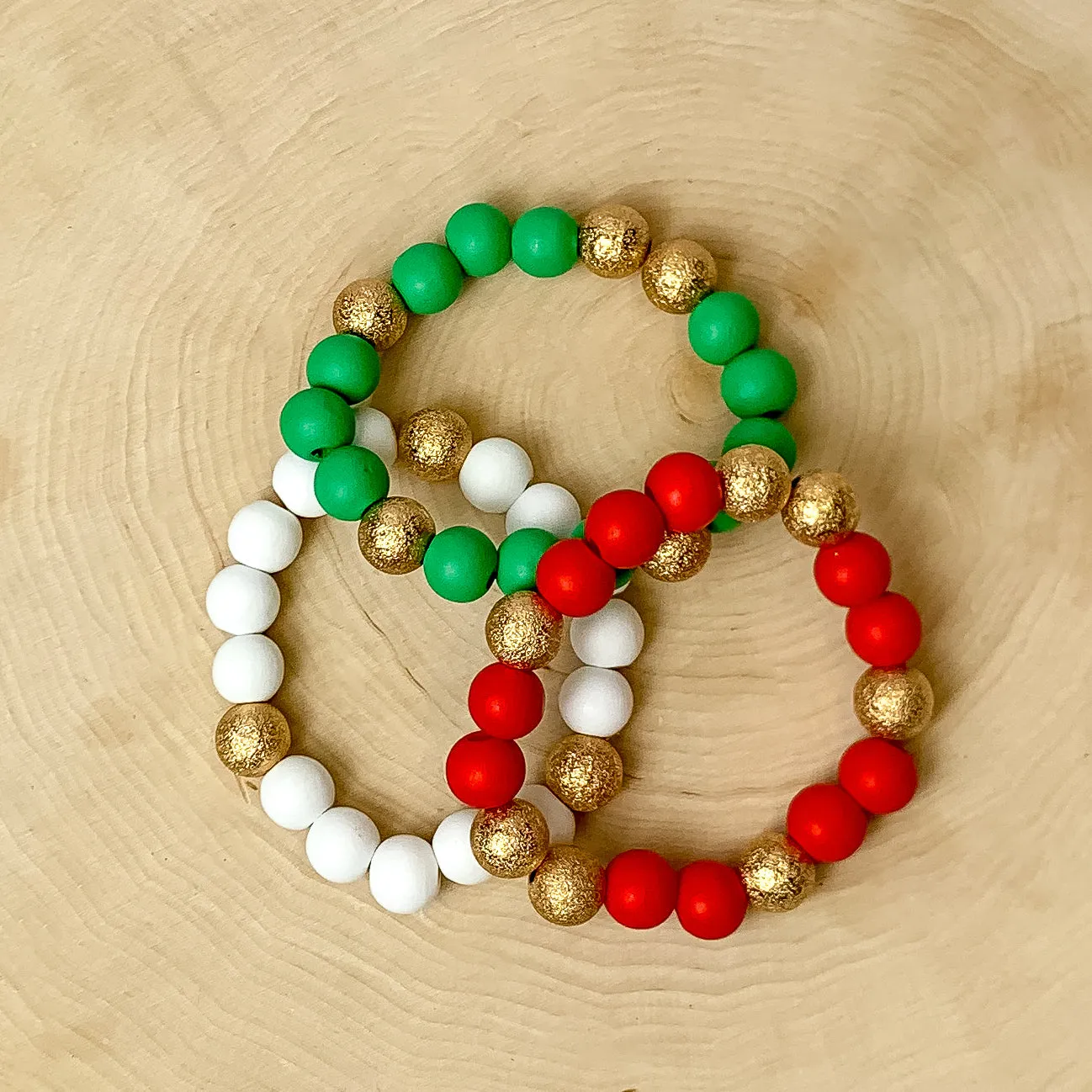 Coming To Town Set of 3 Stretchy Beaded Bracelets in Green, Red, and White