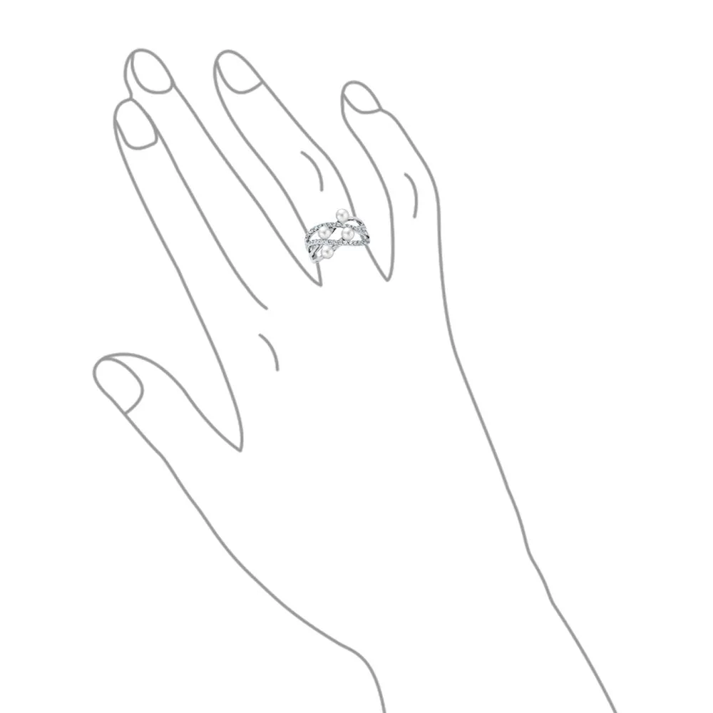 Crossover Criss Cross Silver Ring with White Simulated Pearl Fashion Statement Style