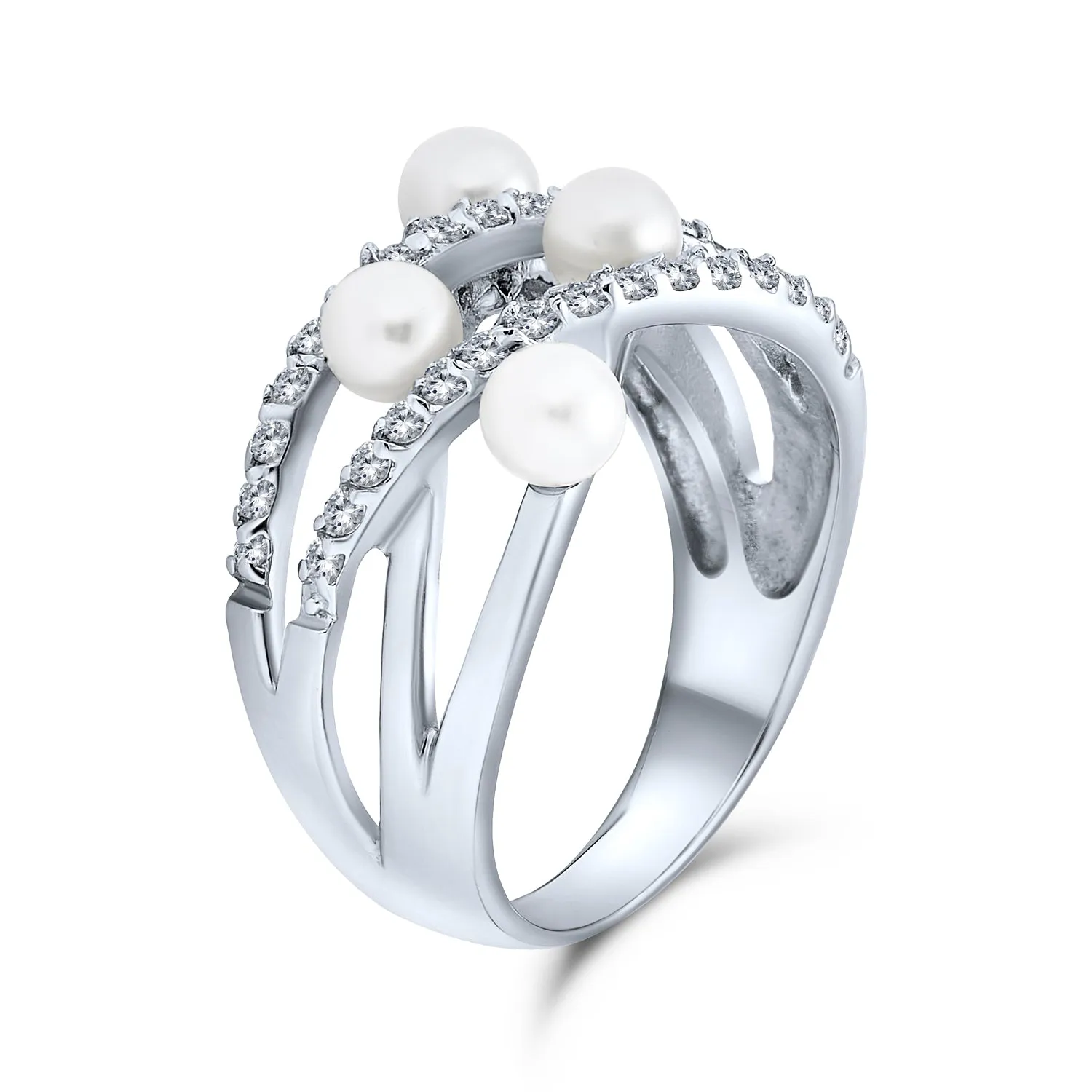 Crossover Criss Cross Silver Ring with White Simulated Pearl Fashion Statement Style