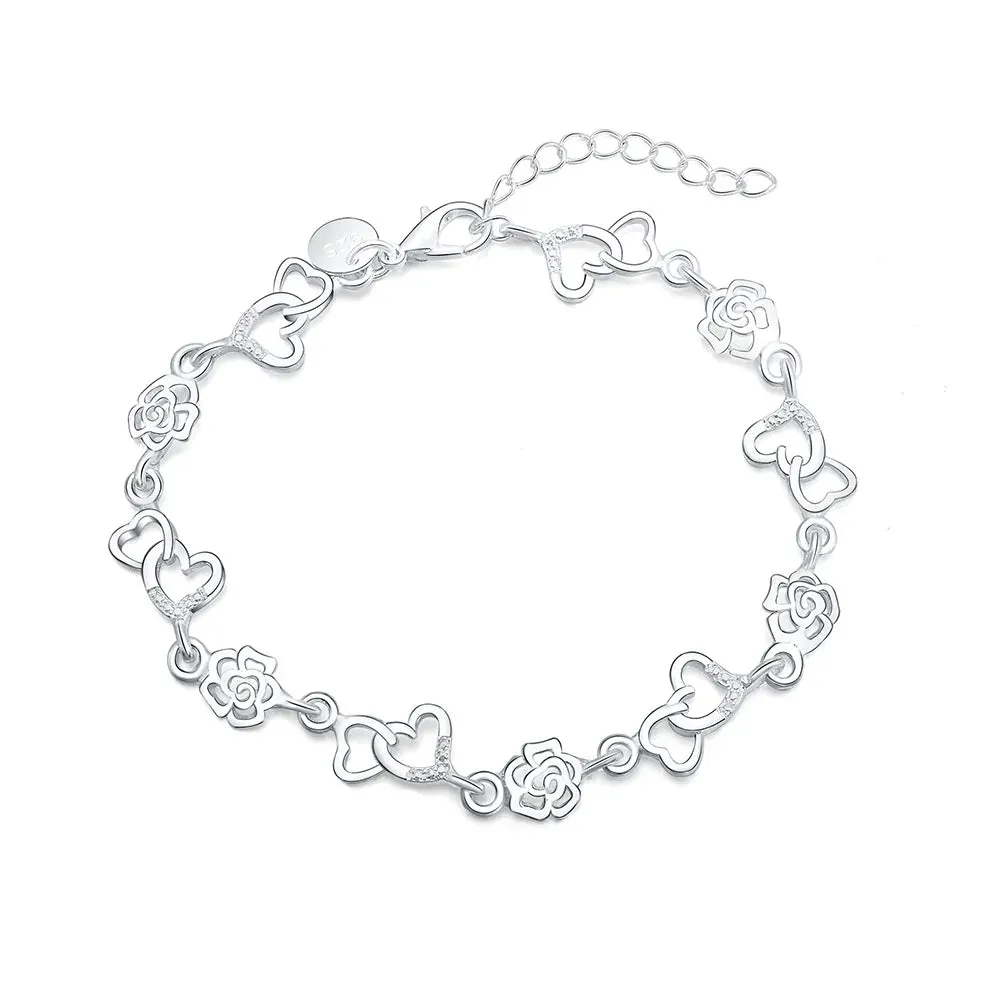 Exquisite Hearts and Flowers 925 Sterling Silver Bracelets for Women Fashion Fancy Jewelry Accessories
