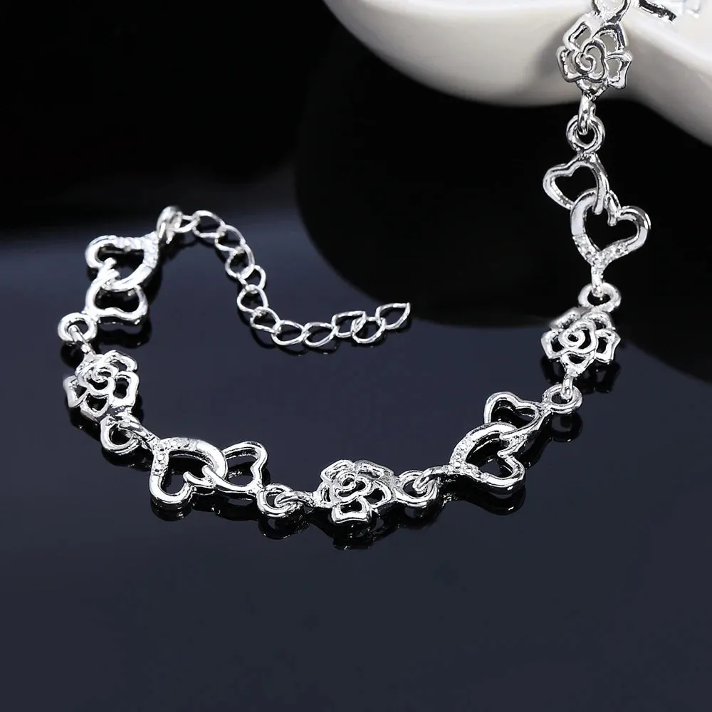 Exquisite Hearts and Flowers 925 Sterling Silver Bracelets for Women Fashion Fancy Jewelry Accessories
