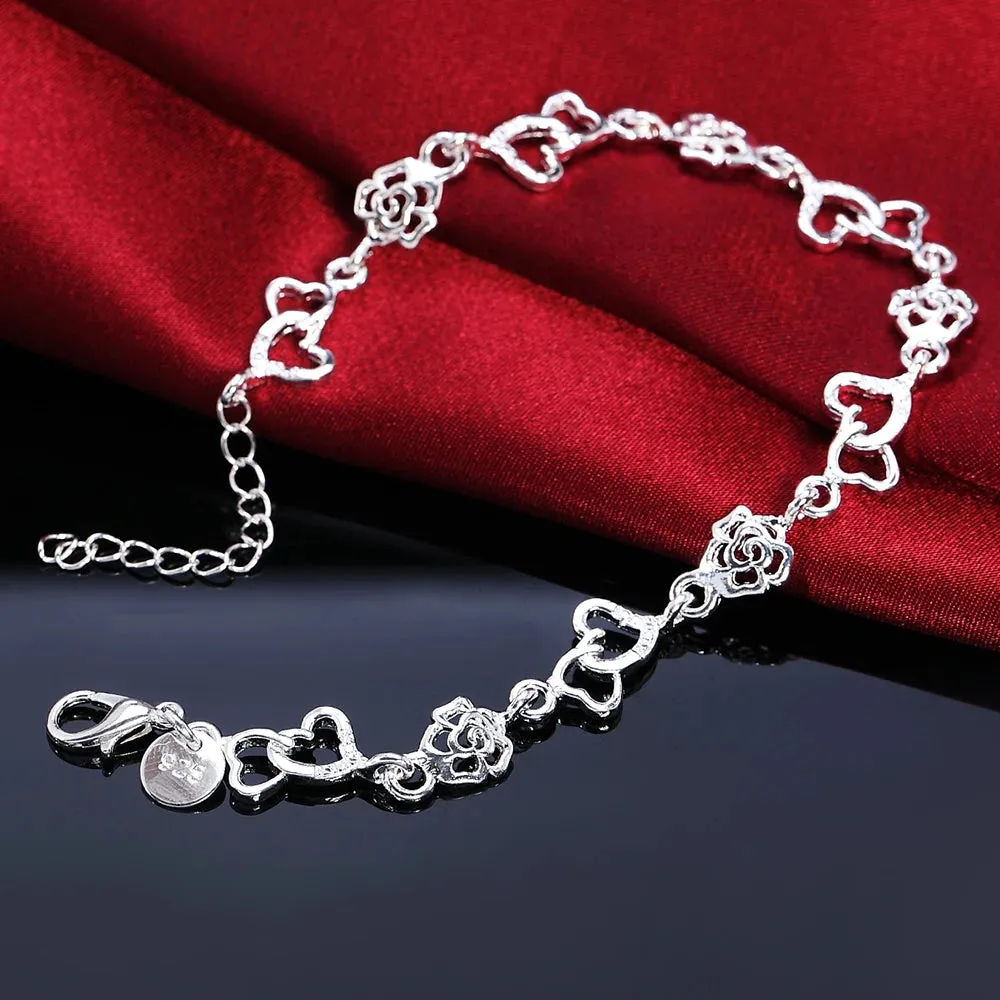 Exquisite Hearts and Flowers 925 Sterling Silver Bracelets for Women Fashion Fancy Jewelry Accessories