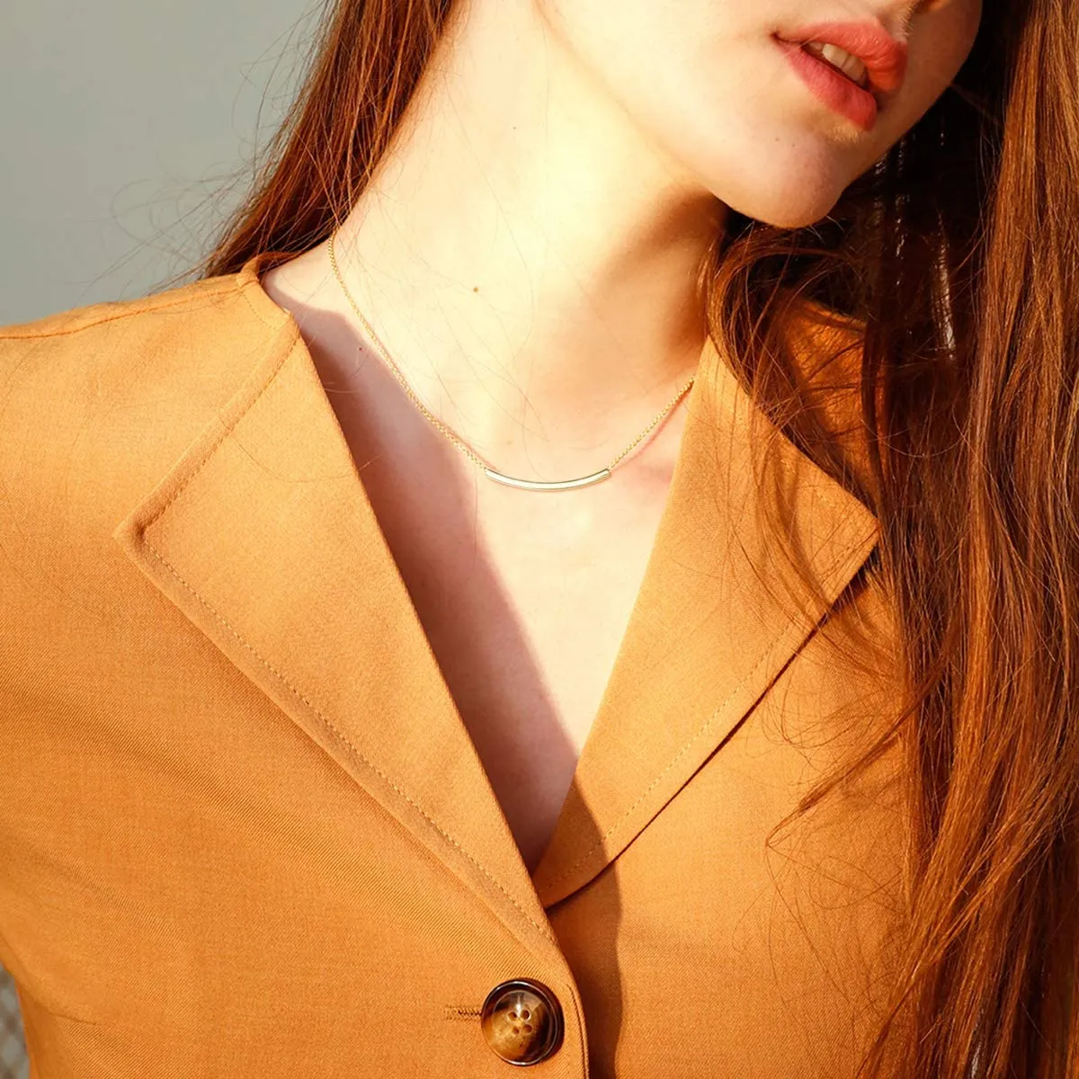 FANCIME “Tube Lines” Smile Gold Bar 14K Yellow Gold Necklace