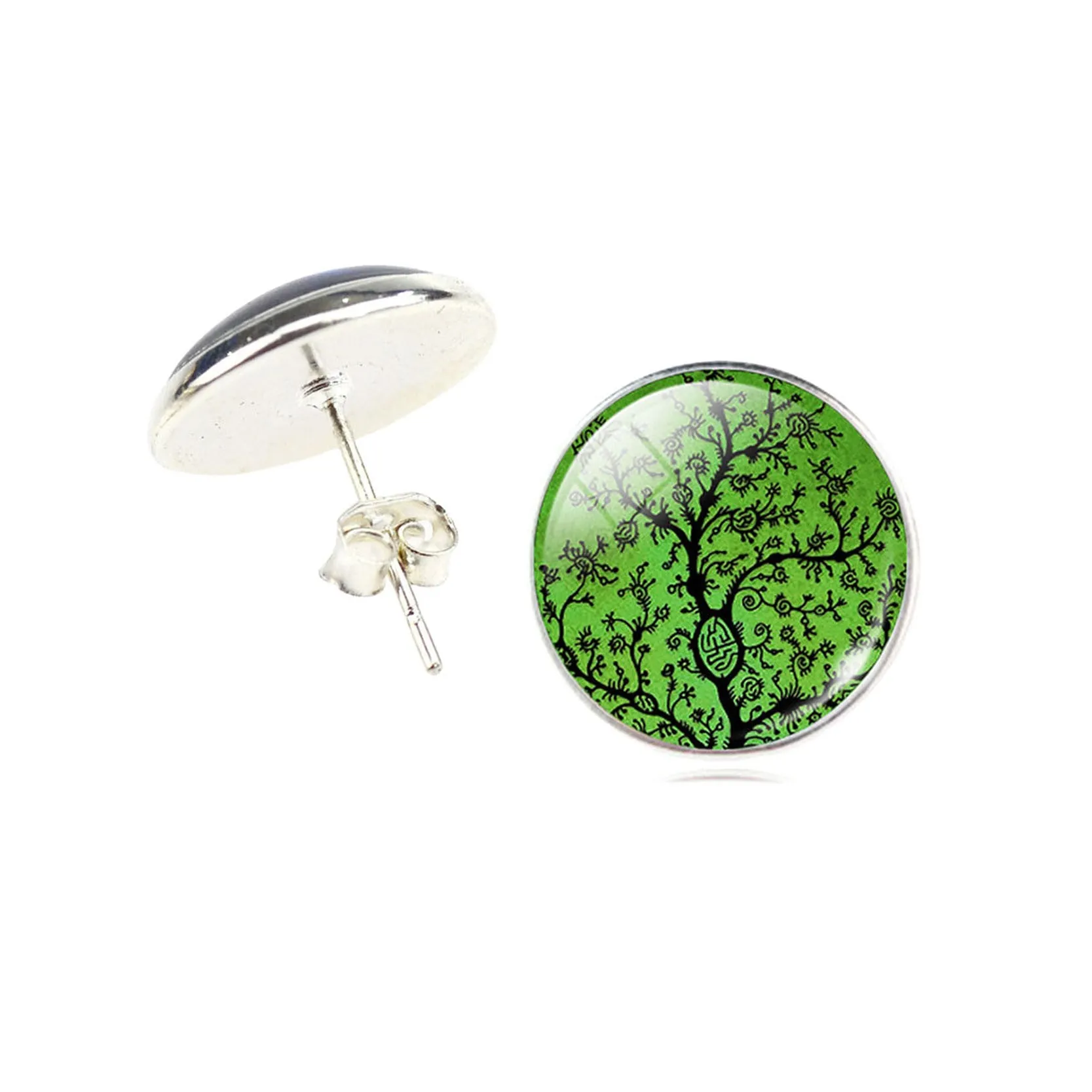 Fashion Life Tree Earrings Classic Glass Cabochon Stud Earrings Fashion Silver Color Earrings for Women Gift Valentine's Day
