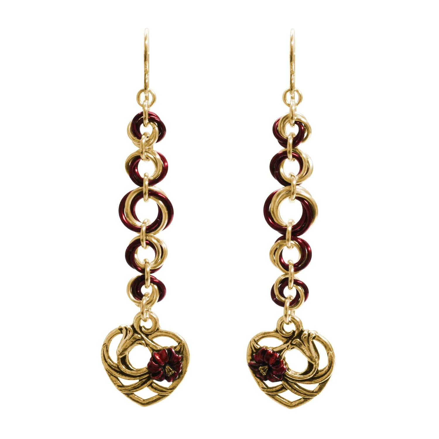 Floral Heart Chainmail Earrings / 76mm length / gold filled earwires