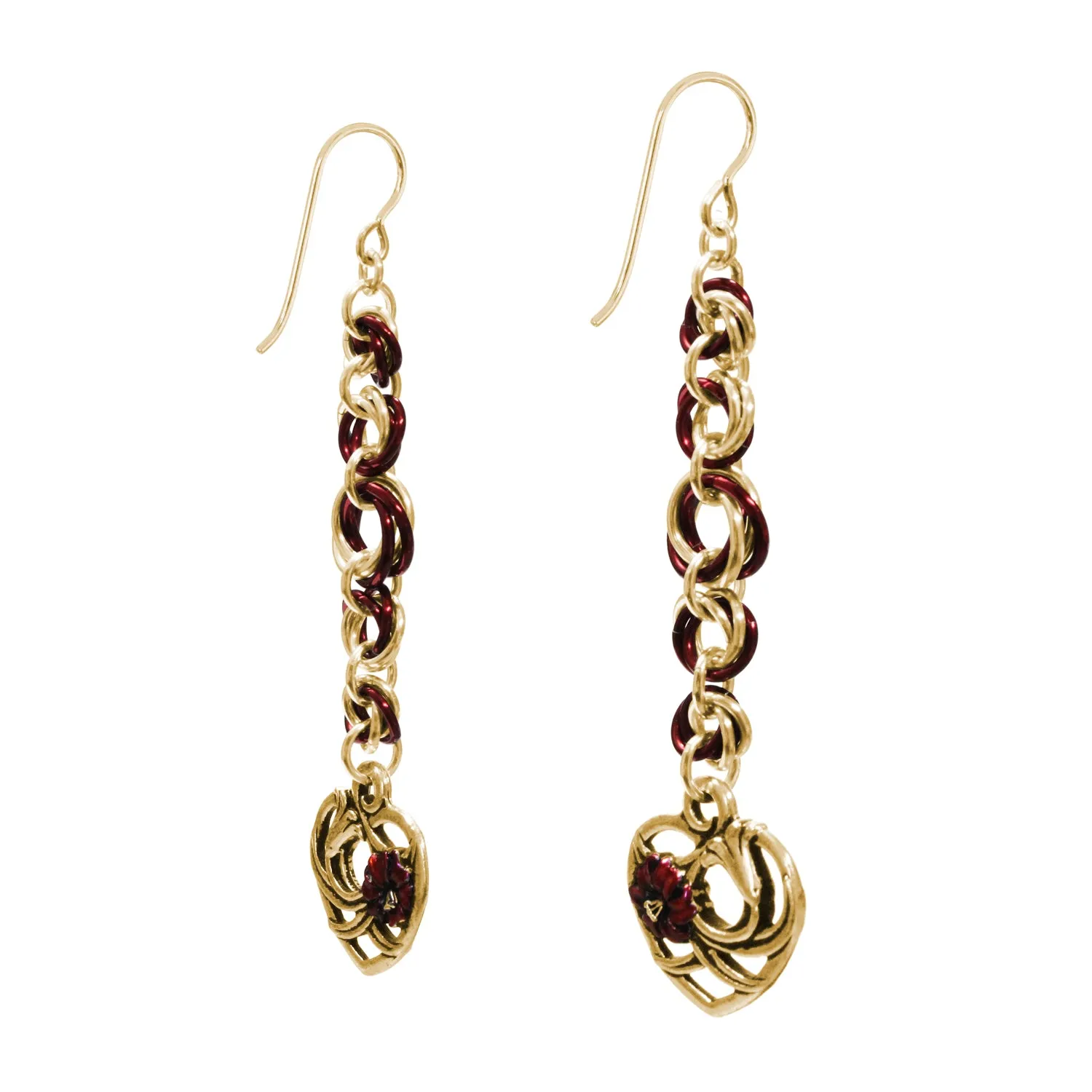Floral Heart Chainmail Earrings / 76mm length / gold filled earwires