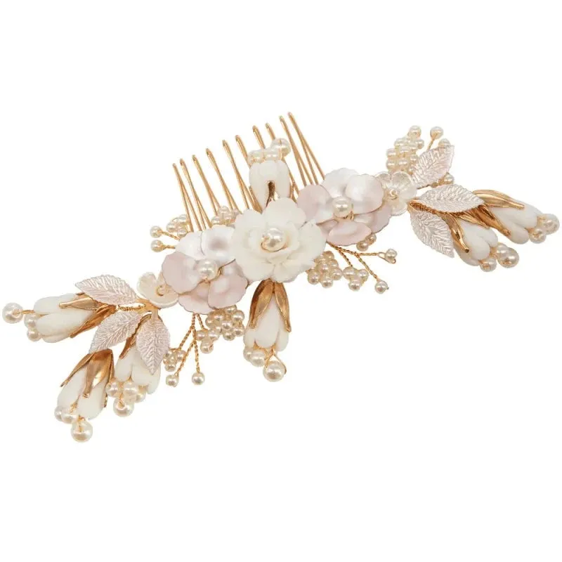 Gold Bridal Hair Comb, Hand Painted Blush Pink Flowers, 9806